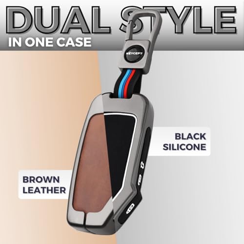 Image of KEYCEPT Metal Alloy Key Cover Compatible with Kia Seltos HTE, Sonet HTE, Carens Premium, Prestige 3 Button Smart Key (Dual Black & Tan).