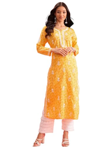 Image of Ada Women's Cotton Straight Fit Straight Hand Embroidered Lucknowi Chikankari Kurta Kurti A411378