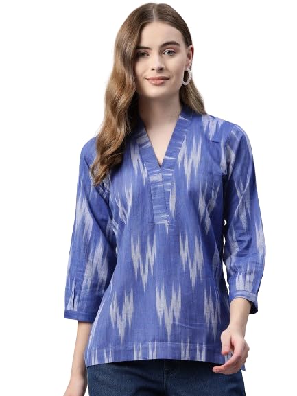 One femme Women Ikat Printed Top (Large, Blue 02)