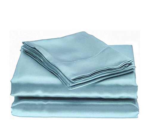 Bedify Bedding 100% Pure Silk Satin Flat Sheet Fitted Sheet 16" to18 Deep Pocket Mattress fit, Silk Flat Sheet & Pillowcases Set Cool Soft Silk Sheets|Wrinkle Free Fade Resistant (Queen, Sky Blue)