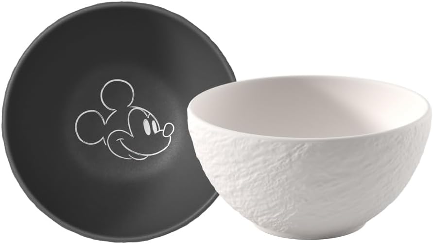 Villeroy & Boch Manufacture Rock – Mickey Mouse – Cereal Bowl, 2 Pieces, Black/White, Dishwasher-Safe & Microwave-Safe, Slate Look with Disney Mickey Mouse Chalk Decoration, Premium Porcelain
