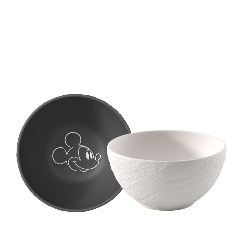 Villeroy & Boch Manufacture Rock – Mickey Mouse – Tazón para cereales, set 2 piezas, blanco y negro, lavavajillas y microondas, acabado pizarra y decoración de Disney Mickey Mouse en tiza