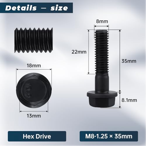 Image of Glvaner M8-1.25 x 35mm (15 pcs) Alloy Steel Flanged Washer Head Hex Bolts, Extra-Large Washer Head, 10.9 Grade Black Oxide Finish GB5789 Partial Thread