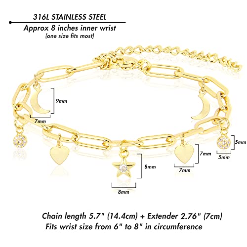 Sm Stainless Steel Adjustable Link Chain Cubic Zirconia Moon & Star Charm Bracelets For Women (Star Cz - Gold, 6 Inches + 2 Inches) #TOP2