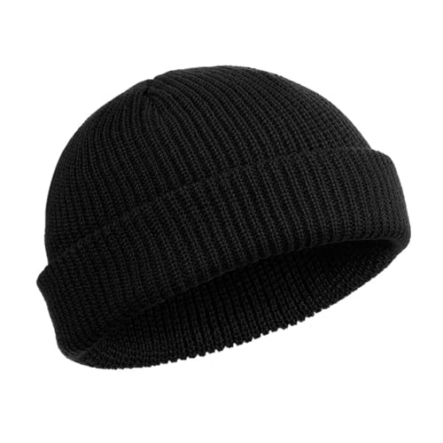 Beanie, Beanie Homme,Hat Gorra de Béisbol Gorro Trawler Watch Cap Sombrero de Cráneo con Solapa Gorro de Pescador Unisex, Negro