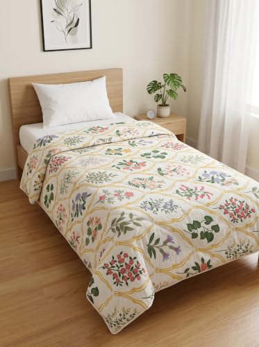 Image of Mafatlal 120 GSM Tulip Premium Single AC Comforter Blanket | Dual-Sided Reversible Microfiber Quilt Rajai | Ultra Soft Lightweight All Weather Duvet | 154 x 228 cm | Multicolor Cream