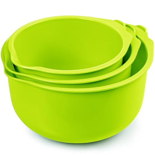 KONZEPT Rührschüssel Set 3-teilig aus Kunststoff in Grün – mit Ausgießer, Anti-Rutsch-Boden, stapelbar, mit Messskala, spülmaschinengeeignet – ideal zum Backen, Mischen & Aufbewahren