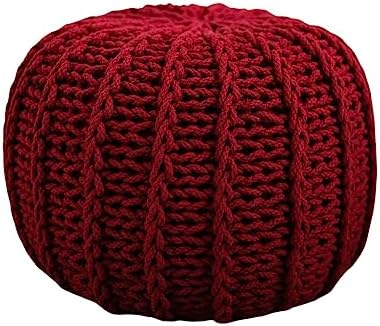 Cotton Pouf Ottoman Foot Stool & Rest - 18" Diameter 14" Height - Red - Round Hand Knit Floor Footstool for Living Room, Bedroom and Under Desk