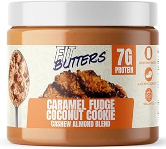 Fit Butters Caramel Fudge Coconut Cookie Cashew Almond Butter Spread, Added Protein and Coconut Oil, Low Carb, Low Sugar, Complete Protein Dessert Flavored Nut Butter