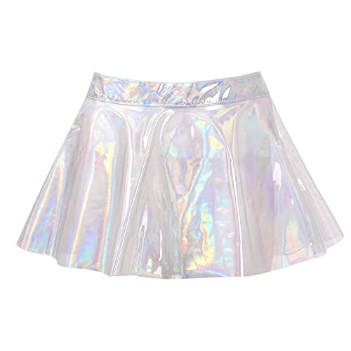 JanJean Womens Shiny Glossy See-Through High Waist Zipper Skirt Flare Ruffled Mini Skirt Clubwear