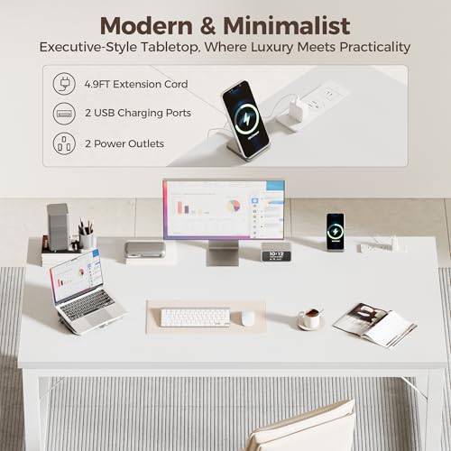 Image of Mericonia 54 Inch Computer Desk with Power Outlets, 1.2 inch Thick Office Table | Modern Simple Style, Heavy Duty Industrial Frame, Study & Writing Table for Home Bedroom Work, White