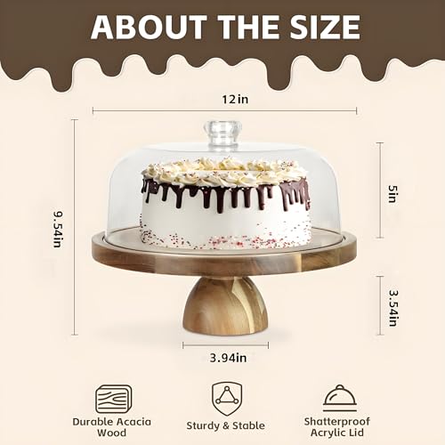 JOCHER Acacia Wood Cake Stand with Lid, 12in Cake Stand with Acrylic Dome, 2-In-1 Cake Display Stand for Charcuterie Board, Chips & Dips, Fruit Platter, Wedding, Birthday, Parties