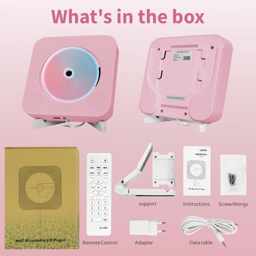 Adirigo Przenośny odtwarzacz CD do komputerów stacjonarnych z Bluetooth - multifuctionalny ścienny odtwarzacz muzyczny CD wbudowany w głośniki Boombox HiFi Home Audio z pilotem (Różowy)