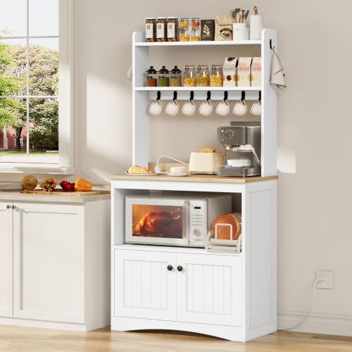 Image of HOOBRO Bakers Rack with Power Outlet and Storage, 5-Tier Coffee Bar Cabinet | Microwave Stand Kitchen Cabinet with Hutch, Freestanding Kitchen Storage Shelf with Cabinet, 9 Hooks