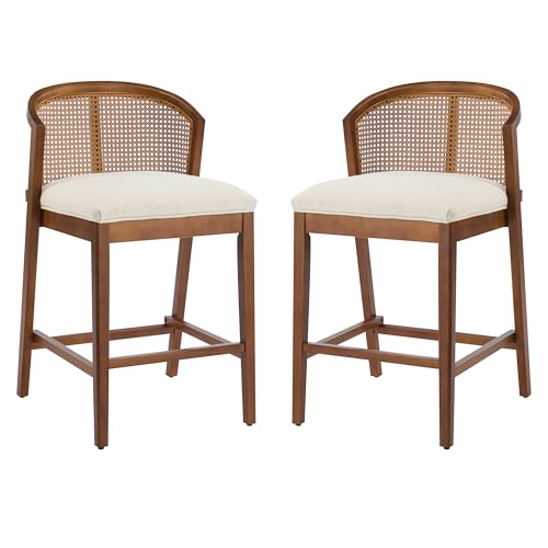 Christopher Knight Home JENA Rattan Counter Stools Set of 2, Counter Height Bar Stools for Bar Table, Rubberwood Frame with Upholstered Barstools, Wood Accent Chair with Footrest, Beige + Walnut by Christopher Knight Home - Used condition - Image 6
