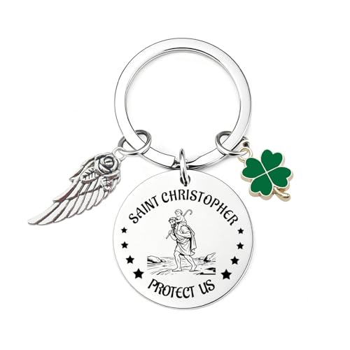 Porte-clés Saint Christophe Protect Us Médaille Saint des voyageurs Protection de prière Bijoux pour homme et femme Cadeau de voiture et accessoires pour voyager en toute sécurité (1)