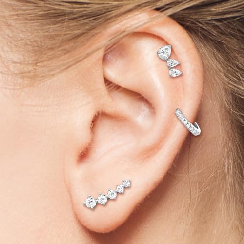 Solid 14k Gold Graduated Crawler Curved Bar Climber Five Stone Stud Earrings2