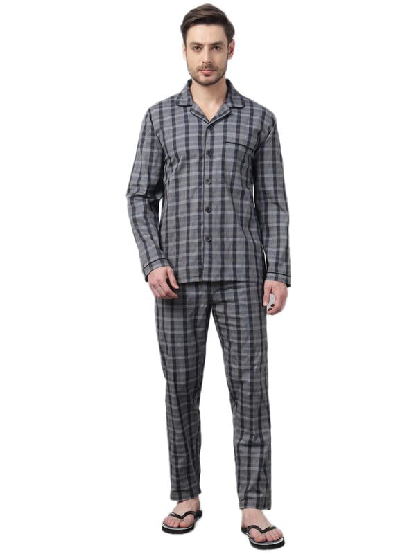 hancock Navy Blue Men Checked Wrinkle Resistant Pure Cotton Night Suit-picture-35