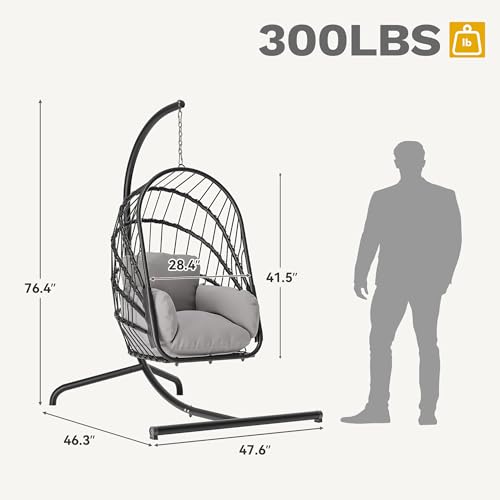 DWVO Wicker Swing Egg Chair 300lbs Capacity - Foldable Hanging Hammock with Cushions & Stand, Indoor/Outdoor Patio Swing Chair for Bedroom, Garden, Balcony (Grey)