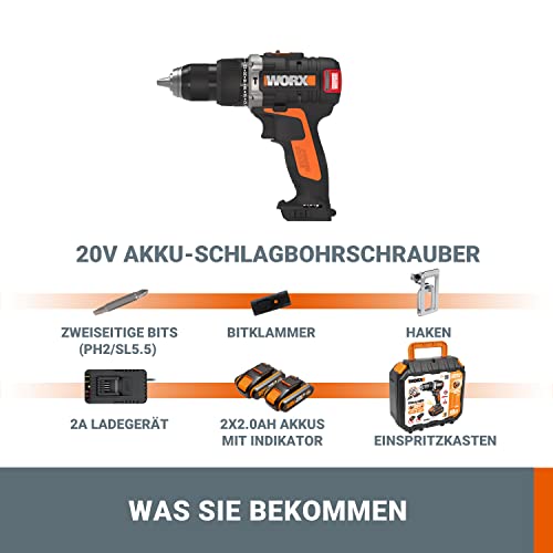 WORX WX373 Akku Schlagbohrschrauber Set – Bürstenloser Akkuschrauber 20V, 2 Li-Ion Akkus, Koffer & Schnell-Ladegerät… – Bild 6