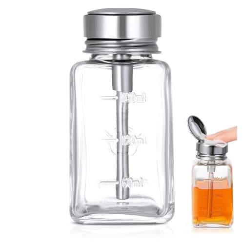 Runser Glass Push Down Pump Dispenser 6oz/180ml Leak-Proof Refillable Clear Cylindrical for Acetone Nail Polish Remover Essential Oils (1 Pack)