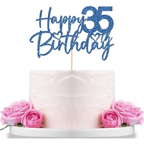 WeBenison Happy 35th Birthday Cake Topper Women Men's 35th Birthday Cake Topper 35 Years Old Birthday Party Decorations Blue Glitter Cover