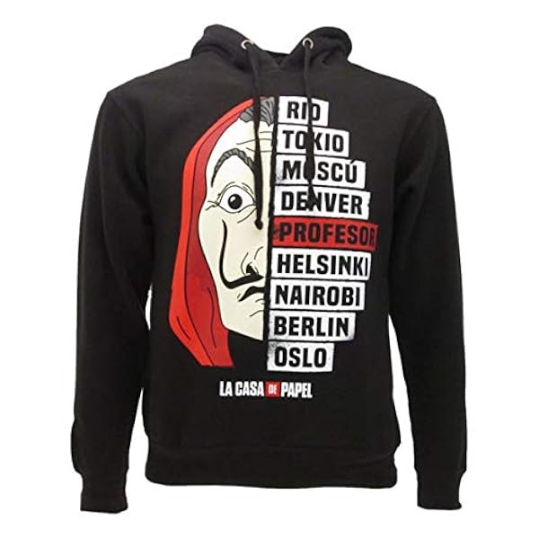 Casa de Papel - Sudadera con Capucha Negra Impresión Frontal Professor & Co. - Producto Oficial Original Serie de TV