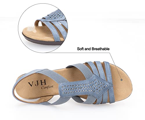 Vjh Confort WomenS Flat Sandals, Comfort Elastic Slip-On Light Weight Slingback Casual Walking Sandals With Rhinestone(Dusty Blue,5) #TOP2
