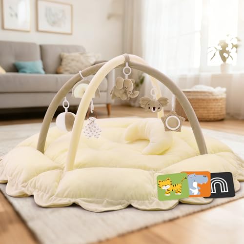 Image of 5-in-1 Plush Baby Play Gym, Tummy time mat, Play Mat, Baby Gym, Activity Mat with Convertible Gym, 6 Sensory Toys, Play Center from Newborn to Toddler, Dark Cream