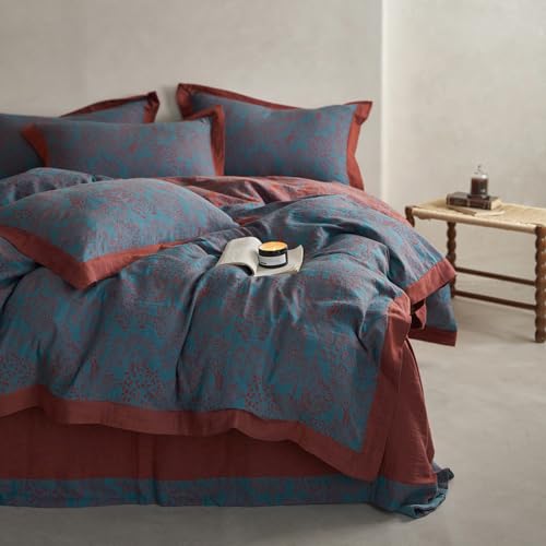 mixinni Muslin Cotton Vintage Blue Floral Duvet Cover Queen Size 3pcs Yarn Dyed Burgundy Jacquard Weave Bedding Comforter Cover Soft Breathable Bedding Sets for All Season-Queen Size