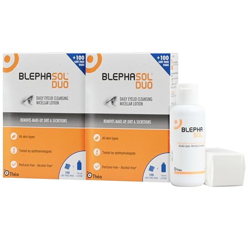 Blephasol Duo Micellar Eyelid Cleansing Lotion | Gentle, Effective Removal of Dirt & Makeup from sensitive Eyelids and Lashes | Perfume & Alcohol-Free | 2 PACK | 2 x 100 ml Bottle |200 Lint-Free Pads