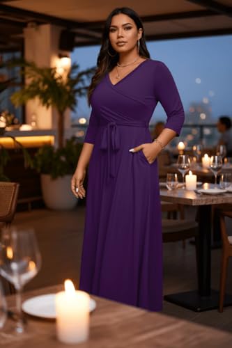 Image of Runwind Plus Size Dress for Women - 3 /4 Sleeve V Neck Maxi Dresses for Women (XL-6XL)