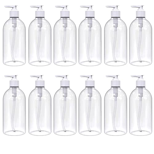12 X Clear PET Empty Refillable Clear Bottles 500ml With Lotion Tops For Soap Gel Liquid Containers for Essential Oils, Cleaning Products, Shampoo, Lotions, Cream and more… Pack of 12, BPA Free