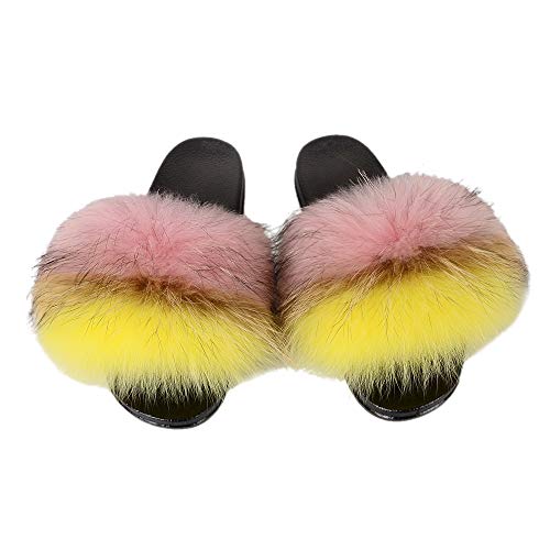 QMFUR Women Open Toe Real Fur Slides Multicolor Furry Fur Slippers Women Shoes Single Strap Sandals