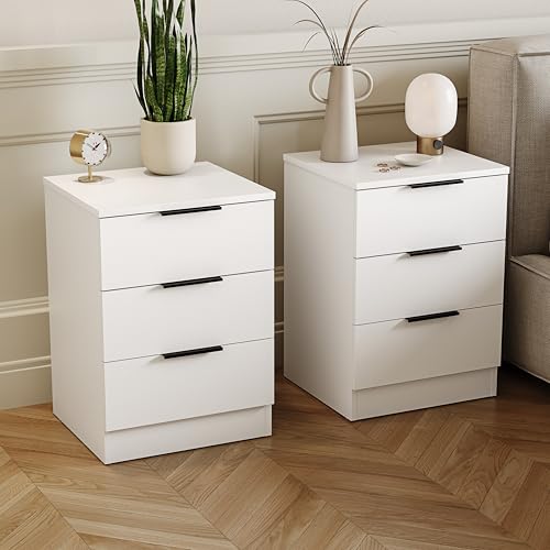 Image of Vida Designs Trega 3 Drawer Bedside Cabinets Set of 2 White - Compact Space-Saving Nightstands - 50H x 39W x 28D cm - Engineered Wood - Glide Drawers, Black Handles - Ideal for Bedroom & Guest Room