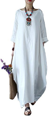 FLORHO Women's Maxi Dresses Solid Kaftan Loose Cotton Long Dress Improve for Americans A-White Medium