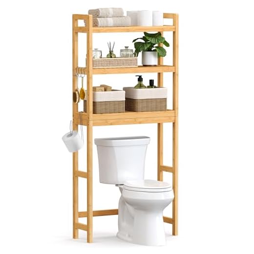 SONGMICS Over The Toilet Storage, 3-Tier Bamboo Over Toilet Bathroom Organizer with Adjustable Shelf, Fit Most Toilets, Space-Saving, Easy Assembly, Natural UBTS001N01