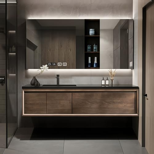 Bathroom Sink Vanity 56inch, Solid Wood Bath Furniture, Floating Modern Vanities Set Includes Smart Defogging Mirror Cabinet with Open Shelf, Spacious Countertop and Soft-Close Drawers, Wall Mounted