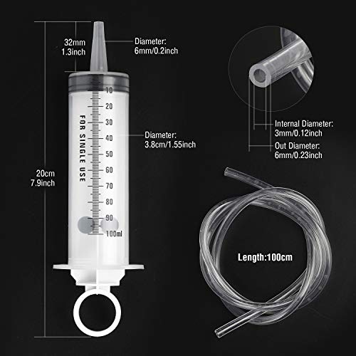 Hyber&Cara 100ml Spritze Plastik mit 100cm Schlauch aus PVC, Dosierspritze, Futterspritze, Marinierspritze, Saugspritze für Motor-öl, Bremsflüssigkeit entlüften, Gartenarbeit, 2 Stück