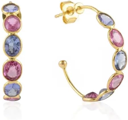 VR Jewels 14k Solid Yellow Gold 4.32 Cts Multi Sapphire Bezel Hoop Earrings Gifts- C Hoops For Girlfriend- Certified Gemstone Jewelry