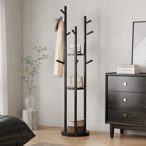 KungFuWood Coat Rack, Solid Wood Rotary Coat Rack Stand, Freestanding Coat Rack with 3 Shelves and 9 Hooks, Sturdy and Easy to Assemble Coat Tree for Entryway, Bedroom, Coats, Bags (Black)