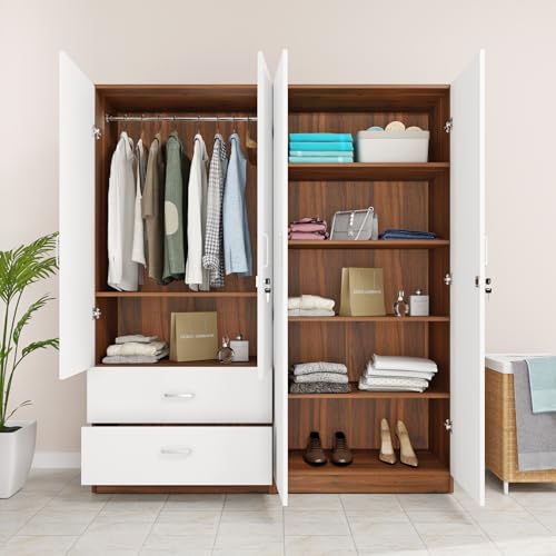 Image of VIKI Wardrobe | Wooden Almirah for 4 Door 2 Drawer with Shelves & Hanging Space Wardrobe (Walnut |White - 40D x 160W x 180.8H) | 1 Year Warranty | Free Assembly
