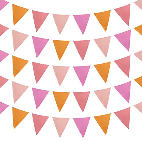 Image of Zwiebeco 39Ft Orange Pink Fabric Bunting Banner Triangle Flags Party Decorations Hanging Cotton Garland Pennant for Engagement Wedding Baby Shower Birthday Festivals Nursery Home Outdoor Garden