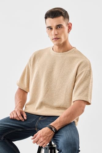 Image of SNITCH Men's T-Shirt | Textured Oversized Crew Neck Design | Premium Polyester Blend Fabric with Waffle Weave | Breathable & Lightweight Casual Wear