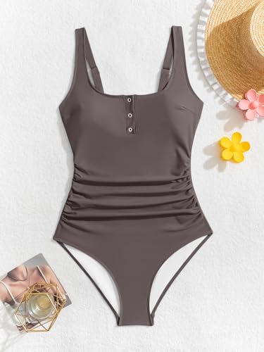 Image of B2prity One Piece Swimsuit for Women Tummy Control Ruched Slimming Bathing Suit Button Full Coverage Swimwear