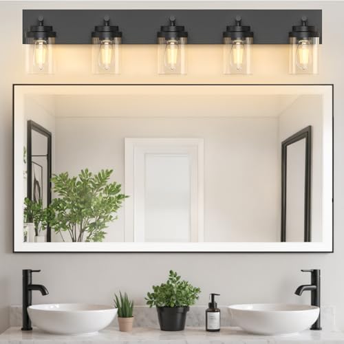 Image of IZORRO Bathroom Vanity Light Fixture, 5-Light 36 Inch Matte Black Bathroom Light Fixtures Over Mirror, with Clear Glass Shade, Modern Farmhouse Vanity Lights, Rustic Restroom Lighting Fixtures