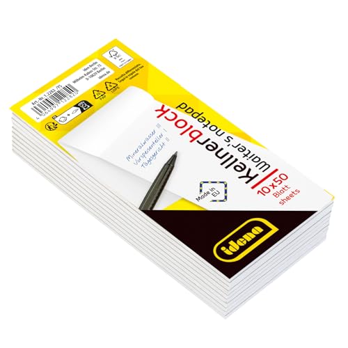 Idena 12282 - Kellnerblöcke 10 Stück mit je 50 Blatt Notizblock im Format 7 x 15 cm 70g/m Papier blanko und kopfgeleimt