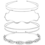 4 Pieces Crystal Headbands for Women Halloween Headbands Silver Diamond Headband Set Elastic Wavy Headband Bridal Metal Double Headband Slim Flower Leaves Hair Band for Halloween Costume Wedding Party