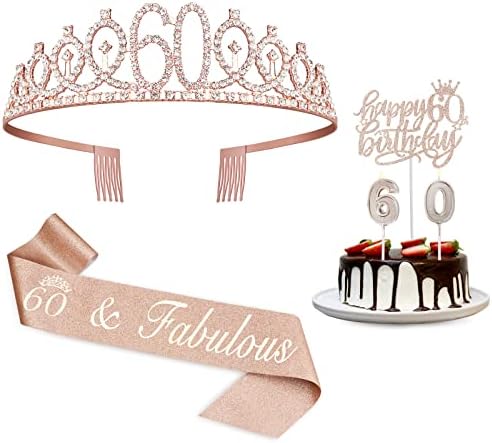 60th Birthday Decorations Women, Including 60th Birthday Crown/Tiara, Sash, Cake Topper and Candles, 60th Birthday Gifts for women