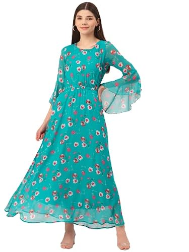 Buy Deewa Women's Polyester Floral Print Maxi Dress, Regular Fit, Dress,  Round Neck Light Blue, XS at Amazon.in